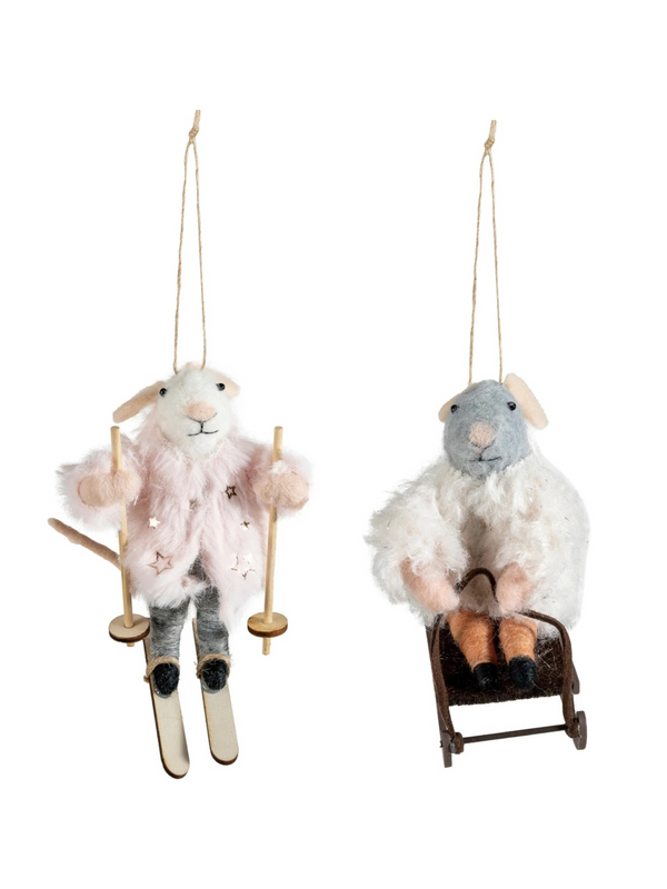 Wool Felt Mouse on Sled/Skis Ornament