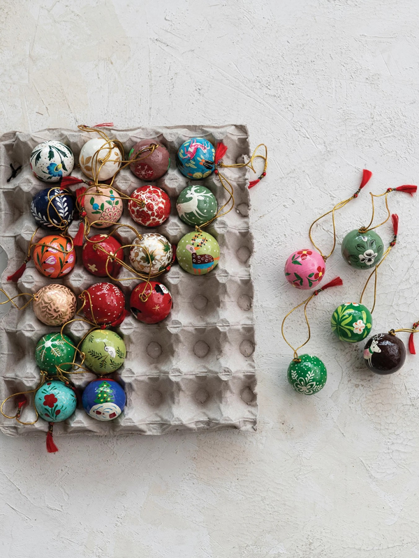 1" Round Hand-Painted Paper Mache Ball Ornaments in Egg Crate - Set of 24