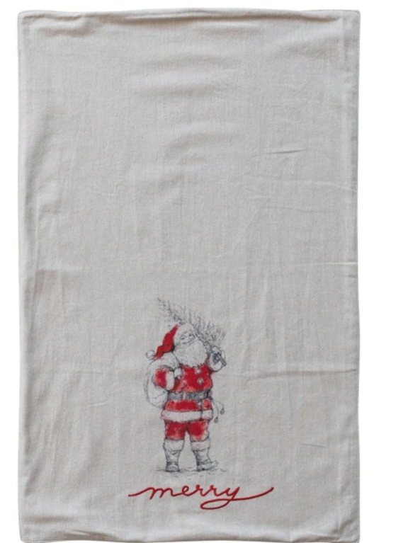 Cotton & Linen Tea Towel w/ Smowman/Santa Image
