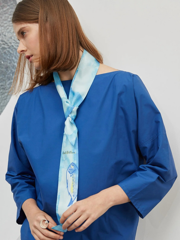 "Blue Fin" Silk Twill Skinny Scarf