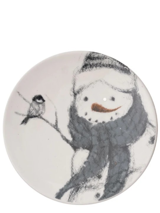 5" Round Stoneware Dish w/ Snowman & Bird