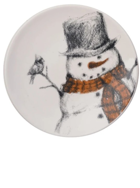 5" Round Stoneware Dish w/ Snowman & Bird