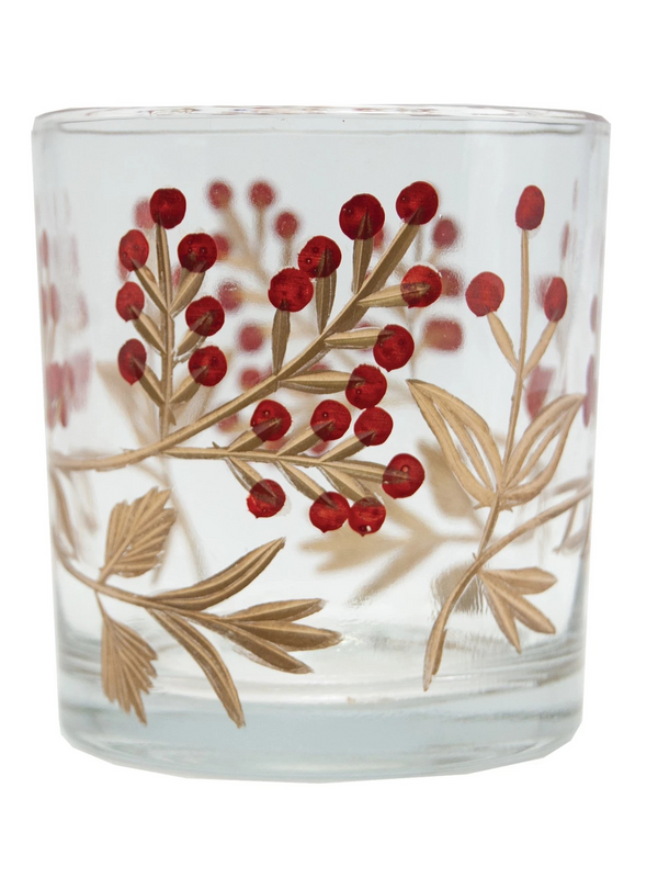 Hand-Painted Etched Glass Tealight/Votive Holder w/ Berry Design
