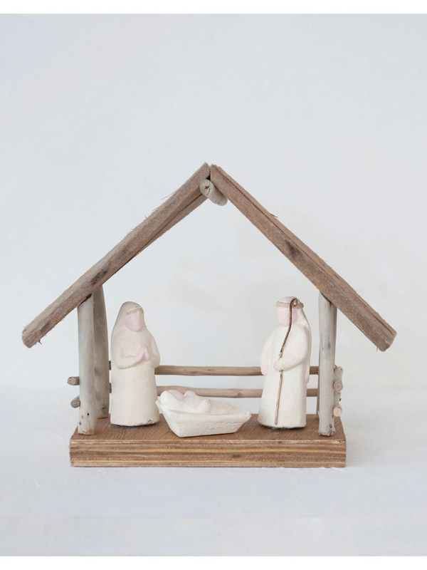 Handmade Driftwood and Paper Mache Nativity w/ Wood Base