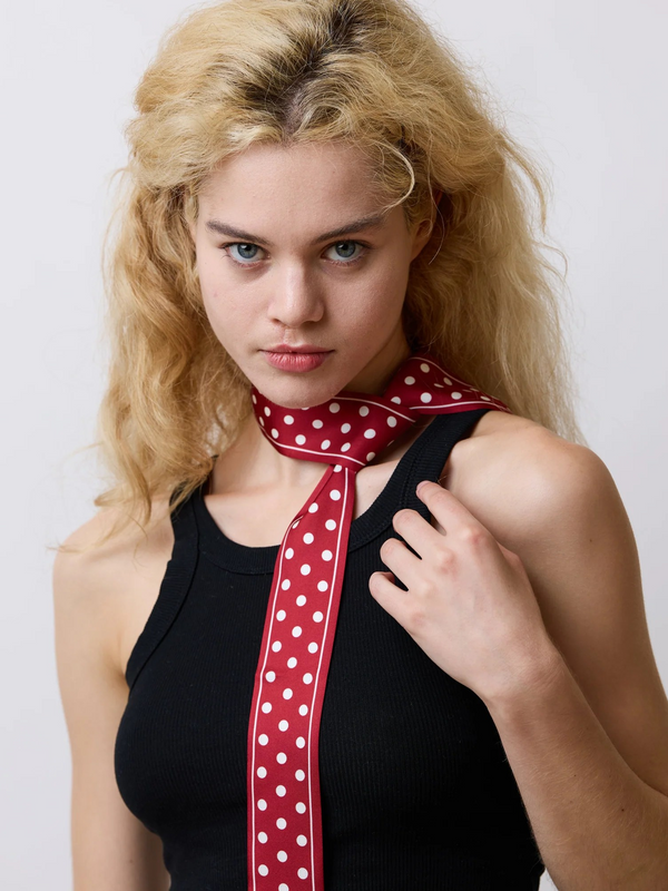 "Retro Polka" Silk Skinny Scarf - Burgundy