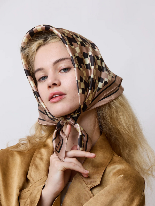 "Houndstooth Moderne" Silk Bandana Scarf - Coffee