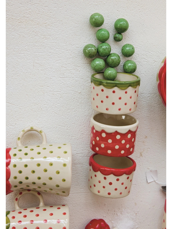 Hand-Painted Stoneware Container w/ Polka Dots & Scalloped Rim