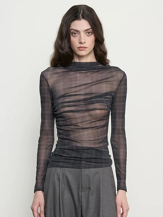 Plaid Mesh L/S Twist Top