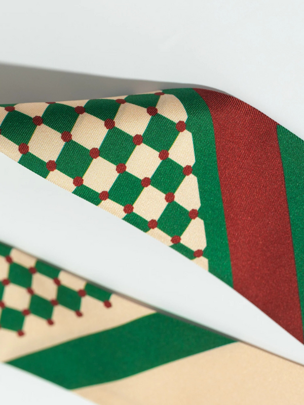 "Checkerboard" Silk Twill Skinny Scarf - Green
