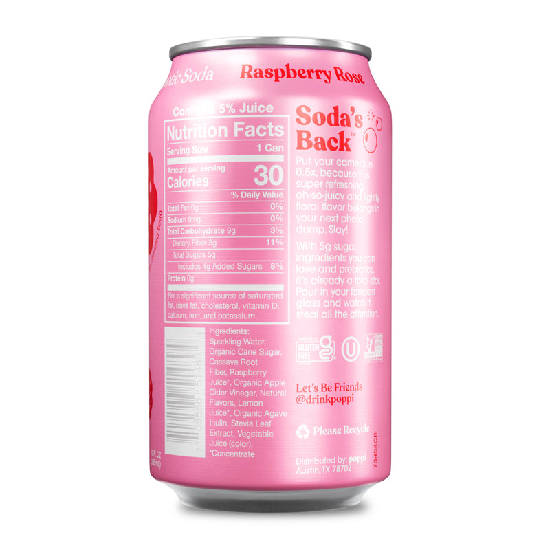 Poppi Prebiotic Soda, Raspberry Rose, 12oz