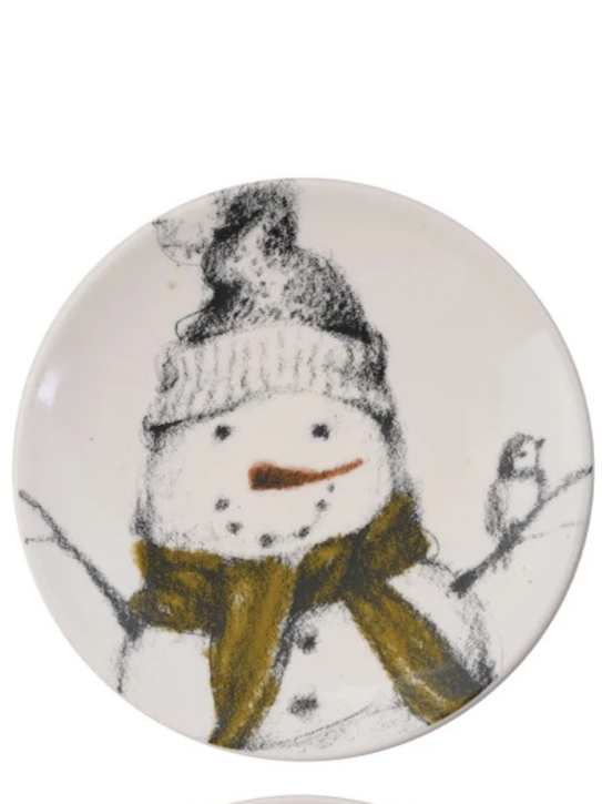 5" Round Stoneware Dish w/ Snowman & Bird
