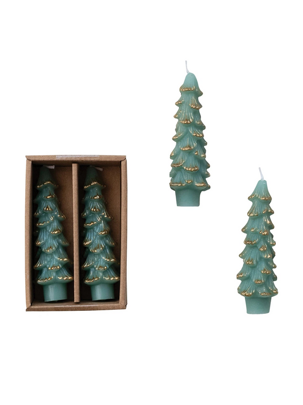 Unscented Tree Shaped Taper Candles w/ Gold Tips - Mint