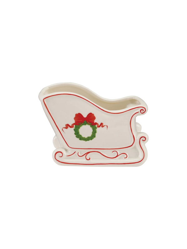 Stoneware Sled Shaped Container w/ Wreath & Bow