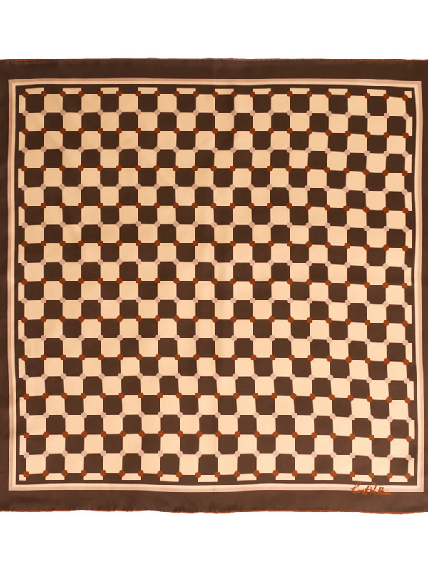 "Checkerboard" Silk Bandana Scarf - Coffee