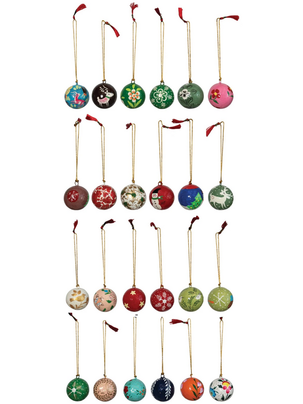 1" Round Hand-Painted Paper Mache Ball Ornaments in Egg Crate - Set of 24