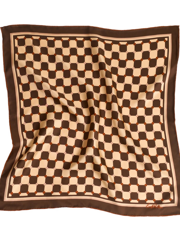 "Checkerboard" Silk Bandana Scarf - Coffee