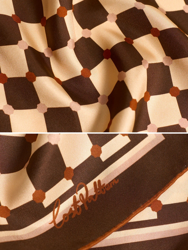 "Checkerboard" Silk Bandana Scarf - Coffee
