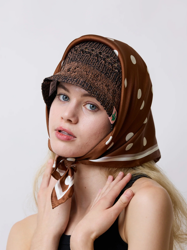 "Retro Polka" Silk Bandana Scarf - Cafe Au Lait
