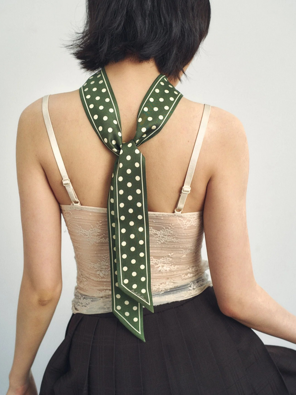 "Retro Polka" Silk Skinny Scarf - Dark Green