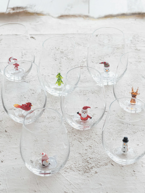 Stemless Wine Glass w/ Holiday Figure Inside, 8 Styles