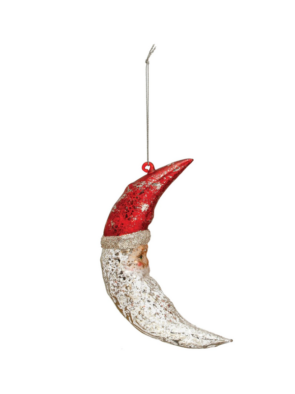 6-1/4"H Hand-Painted Mercury Glass Santa Moon Ornament