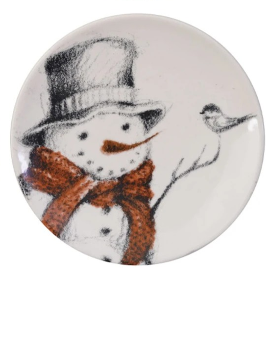 5" Round Stoneware Dish w/ Snowman & Bird