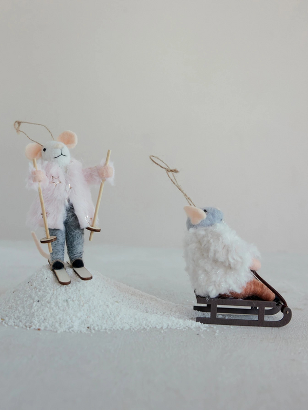 Wool Felt Mouse on Sled/Skis Ornament