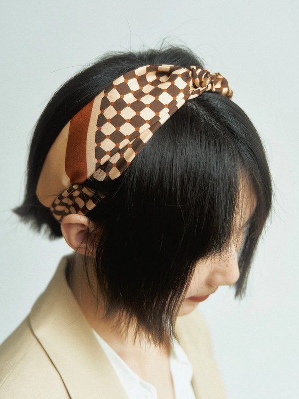 "Checkerboard" Silk Twill Skinny Scarf - Coffee