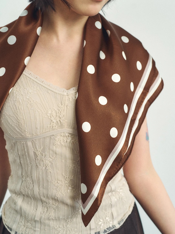 "Retro Polka" Silk Bandana Scarf - Cafe Au Lait