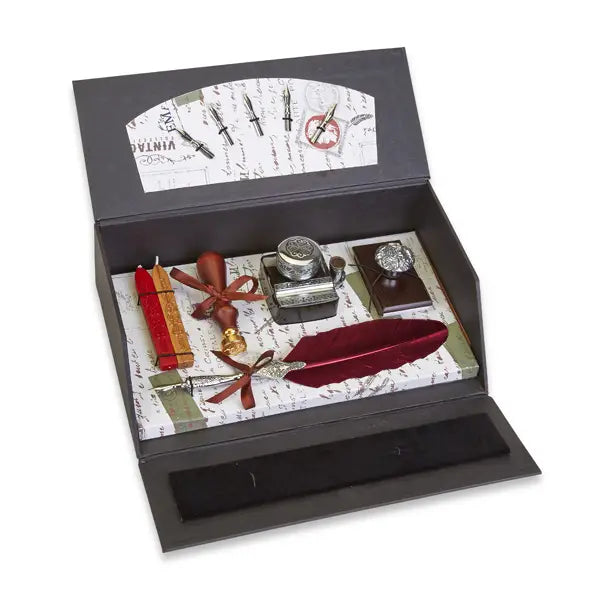 Ultimate Writing Set - White Feather Pen with Fleur De Lys Design Stamp