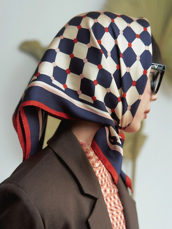 "Checkerboard" Silk Bandana Scarf - Blue