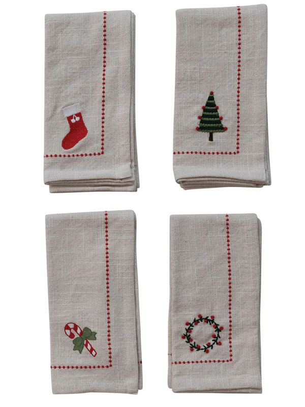 Woven Cotton Napkins w/ Embroidered Holiday Icons - Set of 4