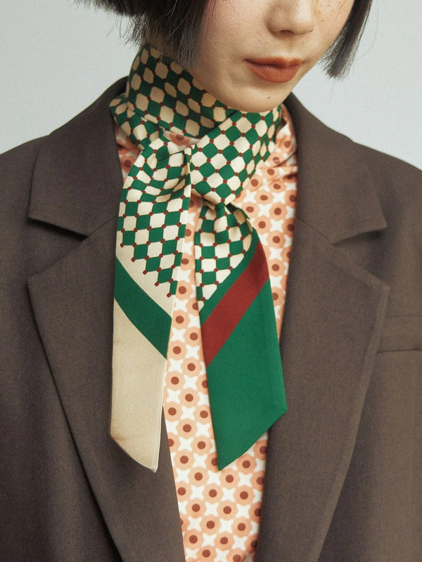 "Checkerboard" Silk Twill Skinny Scarf - Green