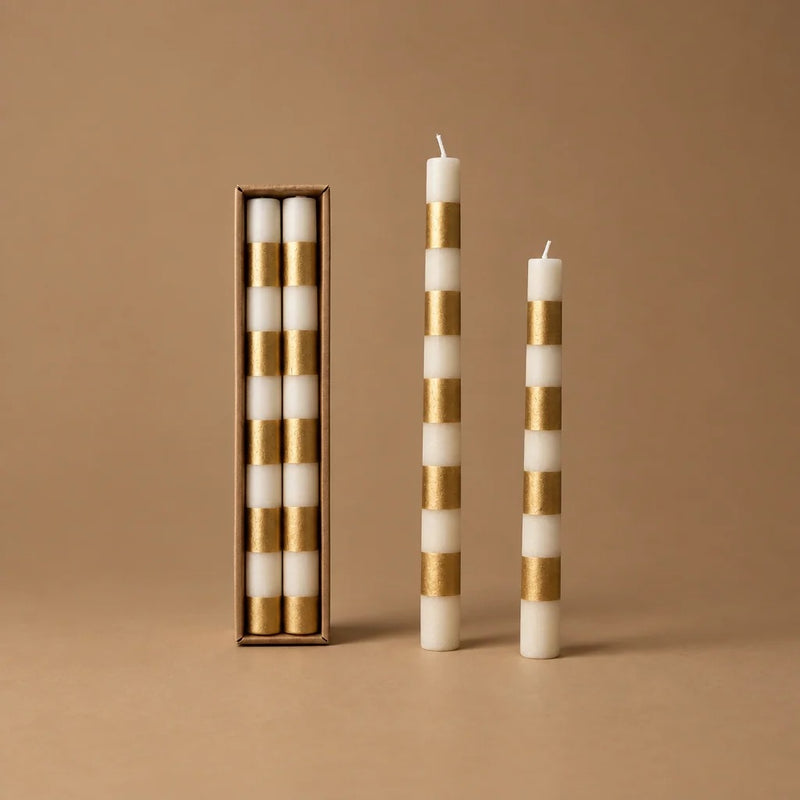 Unscented Taper Candles w/ Stripes in Box - Cream & Gold