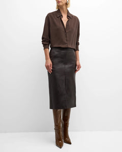 Daya Front Slit Leather Midi Skirt