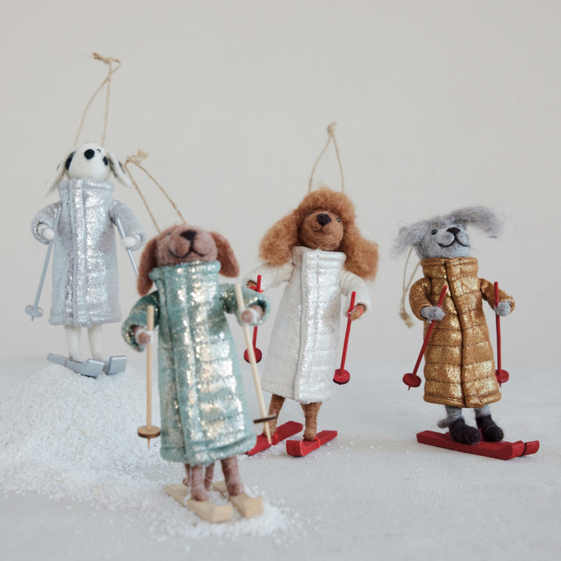 Wool Felt Dog w/ Skis & Coat