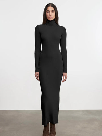 Silk Sweater Rib Ankle Turtleneck Dress