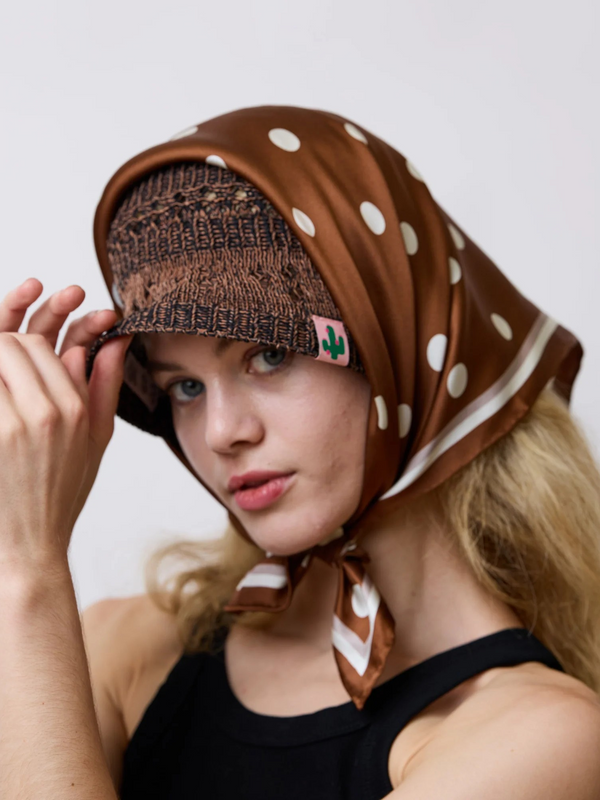"Retro Polka" Silk Bandana Scarf - Cafe Au Lait
