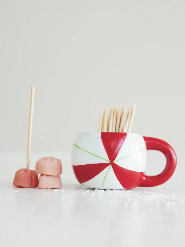 Hand-Painted Ceramic Mug Shaped Toothpick Holder w/ Candy Stripes