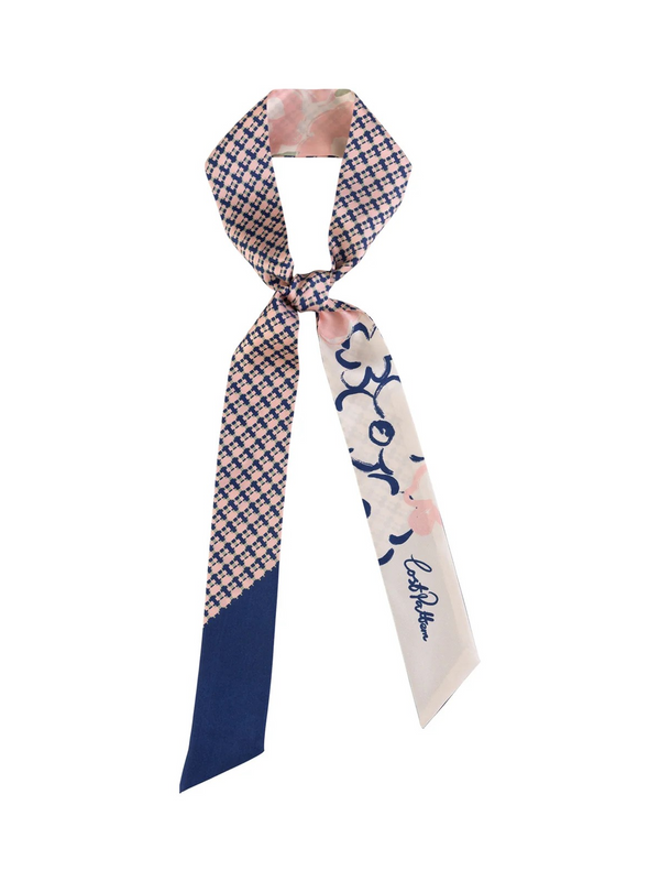 "Floral Houndstooth" Silk Twill Skinny Scarf - Blue
