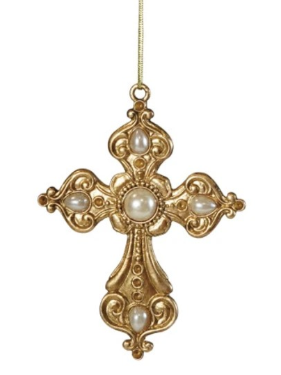 Pewter Cross Ornament w/ Faux Pearls