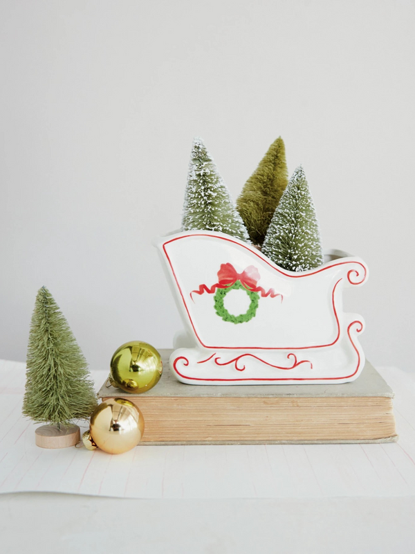 Stoneware Sled Shaped Container w/ Wreath & Bow