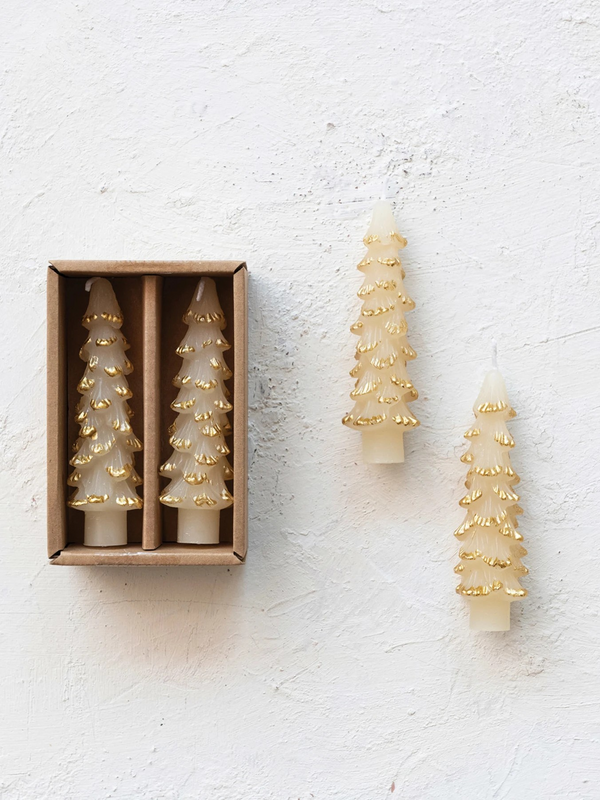 Unscented Tree Shaped Taper Candles w/ Gold Tips - Eggnog