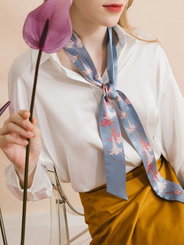 "Datura" Silk Skinny Scarf - Slate Blue