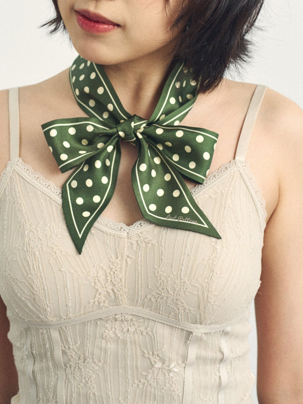 "Retro Polka" Silk Skinny Scarf - Dark Green