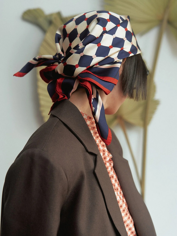 "Checkerboard" Silk Bandana Scarf - Blue