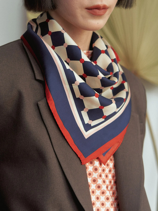"Checkerboard" Silk Bandana Scarf - Blue