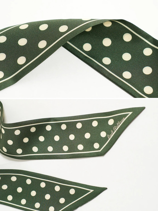 "Retro Polka" Silk Skinny Scarf - Dark Green