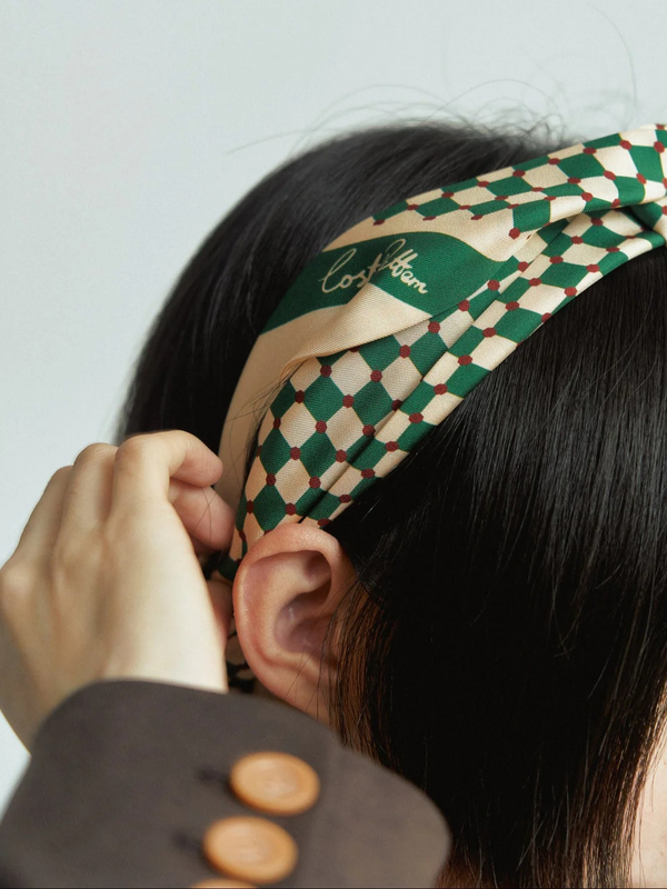 "Checkerboard" Silk Twill Skinny Scarf - Green