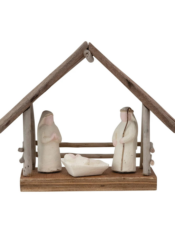 Handmade Driftwood and Paper Mache Nativity w/ Wood Base